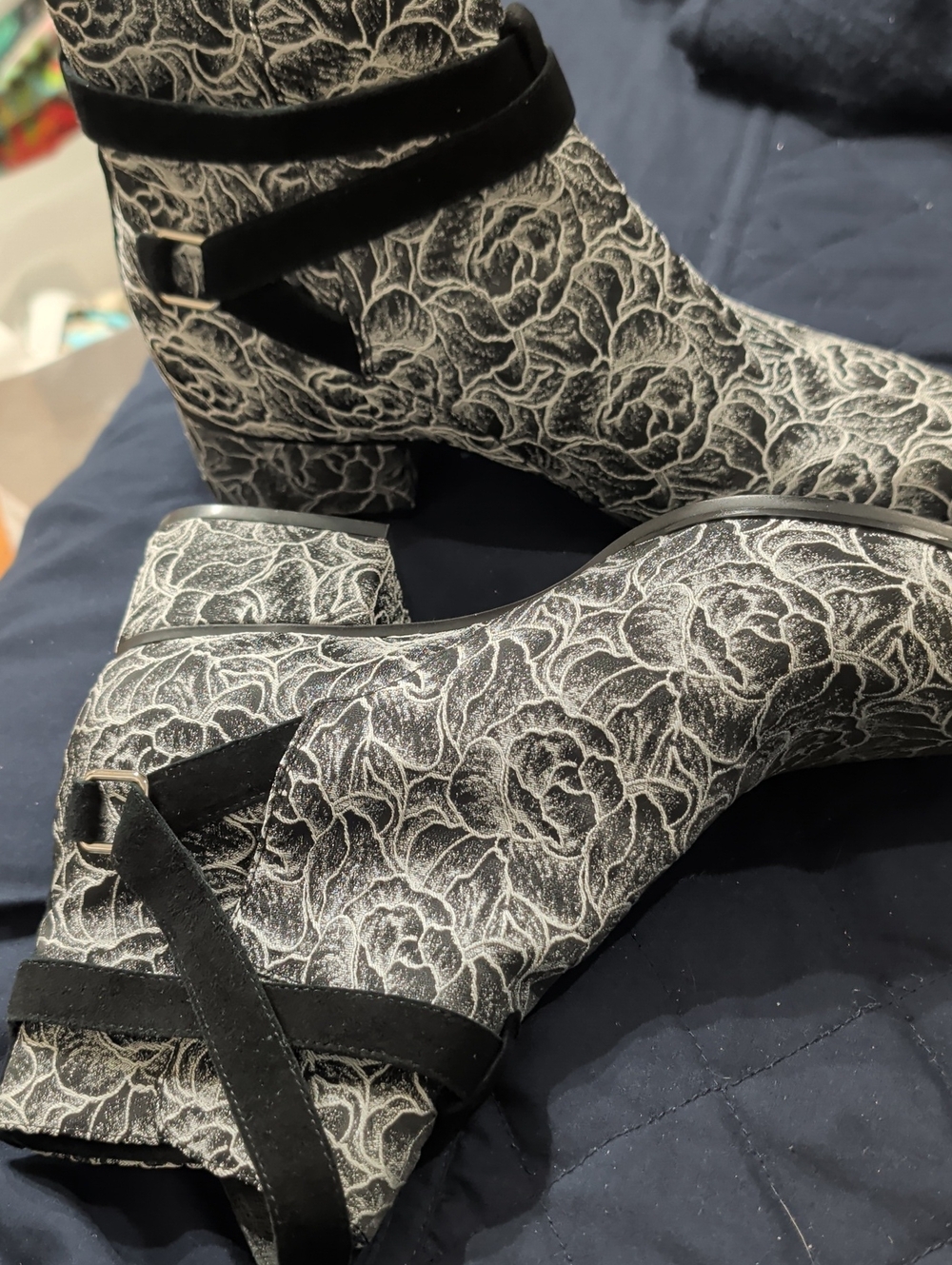 Jeffrey Campbell Black & White Floral Block Heel Ankle Boots